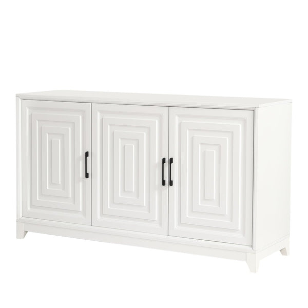 English Elm Vibe Haus Media Console with Geometric Doors Solid Pine Legs Fits Tvs up to 65 In White N893S000014K