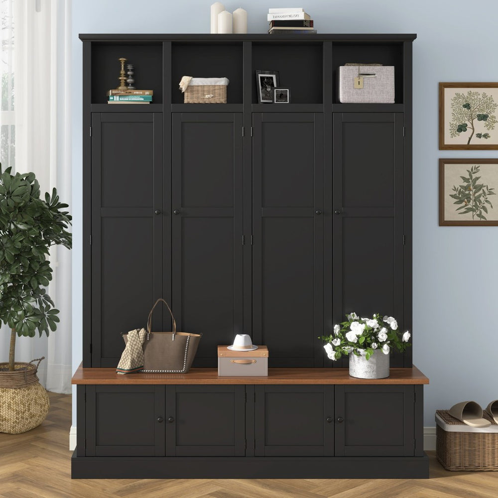 English Elm Vibe Haus Farmhouse Hall Tree with Open Cubbies Bench and Hidden Cabinet Storage Black N893S000020B