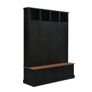 English Elm Vibe Haus Farmhouse Hall Tree with Open Cubbies Bench and Hidden Cabinet Storage Black N893S000020B