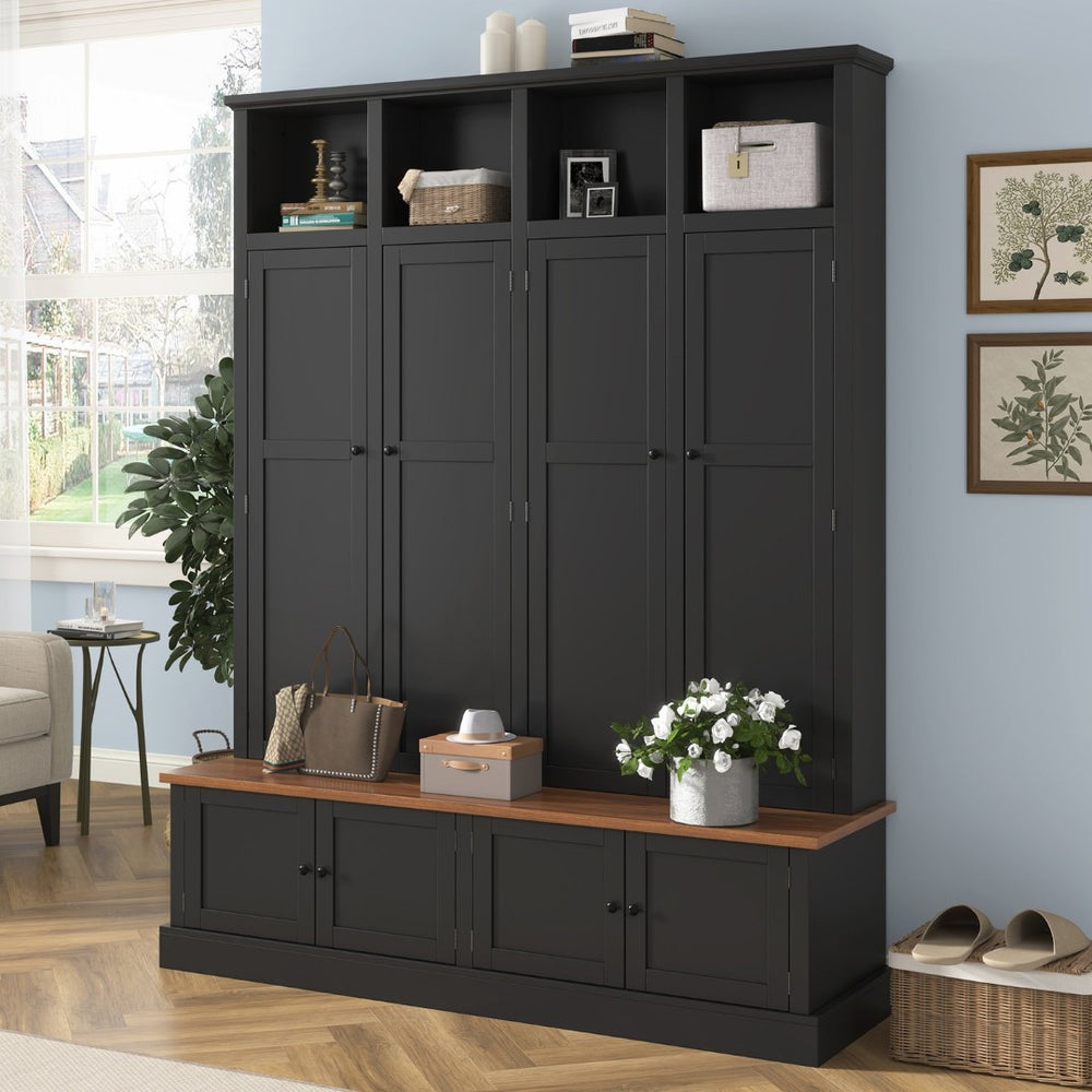 English Elm Vibe Haus Farmhouse Hall Tree with Open Cubbies Bench and Hidden Cabinet Storage Black N893S000020B