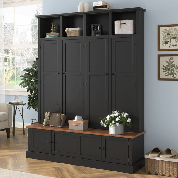 English Elm Vibe Haus Farmhouse Hall Tree with Open Cubbies Bench and Hidden Cabinet Storage Black N893S000020B