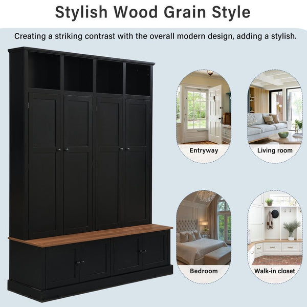 English Elm Vibe Haus Farmhouse Hall Tree with Open Cubbies Bench and Hidden Cabinet Storage Black N893S000020B