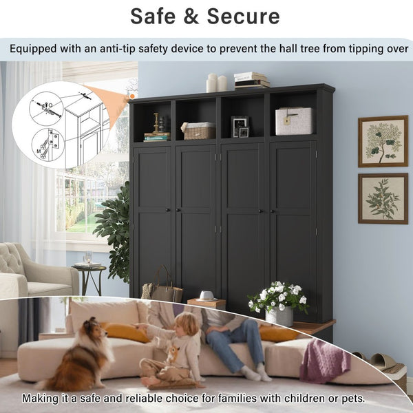 English Elm Vibe Haus Farmhouse Hall Tree with Open Cubbies Bench and Hidden Cabinet Storage Black N893S000020B