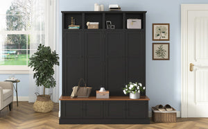 English Elm Vibe Haus Farmhouse Hall Tree with Open Cubbies Bench and Hidden Cabinet Storage Black N893S000020B