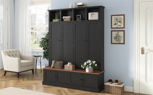 English Elm Vibe Haus Farmhouse Hall Tree with Open Cubbies Bench and Hidden Cabinet Storage Black N893S000020B