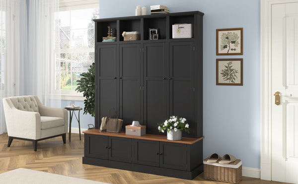 English Elm Vibe Haus Farmhouse Hall Tree with Open Cubbies Bench and Hidden Cabinet Storage Black N893S000020B