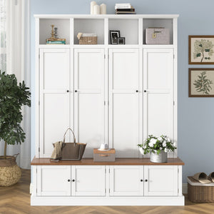English Elm Vibe Haus Farmhouse Hall Tree with Open Cubbies Bench and Hidden Cabinet Storage White N893S000020K