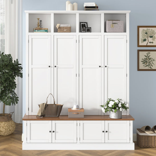 English Elm Vibe Haus Farmhouse Hall Tree with Open Cubbies Bench and Hidden Cabinet Storage White N893S000020K