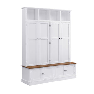 English Elm Vibe Haus Farmhouse Hall Tree with Open Cubbies Bench and Hidden Cabinet Storage White N893S000020K