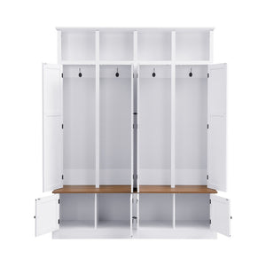 English Elm Vibe Haus Farmhouse Hall Tree with Open Cubbies Bench and Hidden Cabinet Storage White N893S000020K