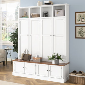 English Elm Vibe Haus Farmhouse Hall Tree with Open Cubbies Bench and Hidden Cabinet Storage White N893S000020K
