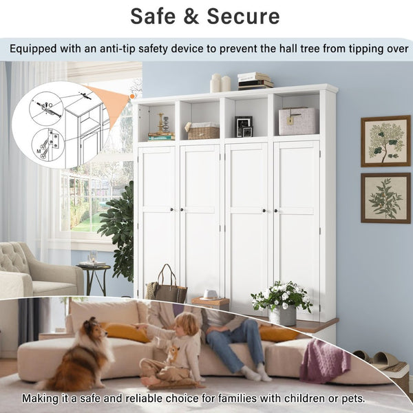 English Elm Vibe Haus Farmhouse Hall Tree with Open Cubbies Bench and Hidden Cabinet Storage White N893S000020K