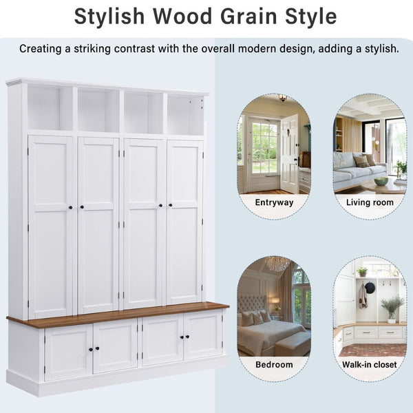 English Elm Vibe Haus Farmhouse Hall Tree with Open Cubbies Bench and Hidden Cabinet Storage White N893S000020K