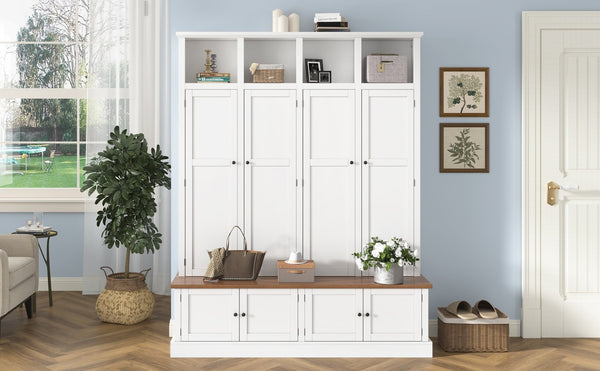 English Elm Vibe Haus Farmhouse Hall Tree with Open Cubbies Bench and Hidden Cabinet Storage White N893S000020K