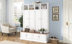 English Elm Vibe Haus Farmhouse Hall Tree with Open Cubbies Bench and Hidden Cabinet Storage White N893S000020K