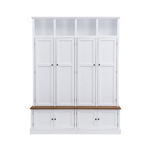 English Elm Vibe Haus Farmhouse Hall Tree with Open Cubbies Bench and Hidden Cabinet Storage White N893S000020K