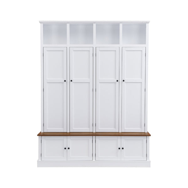 English Elm Vibe Haus Farmhouse Hall Tree with Open Cubbies Bench and Hidden Cabinet Storage White N893S000020K