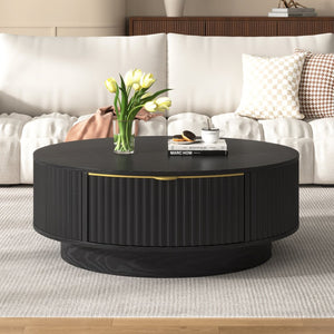 English Elm Vibe Haus Round Fluted Coffee Table with Concealed Drawers Gold Handles Living Room Black N893S000022B