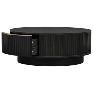 English Elm Vibe Haus Round Fluted Coffee Table with Concealed Drawers Gold Handles Living Room Black N893S000022B