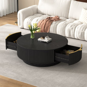 English Elm Vibe Haus Round Fluted Coffee Table with Concealed Drawers Gold Handles Living Room Black N893S000022B