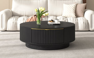 English Elm Vibe Haus Round Fluted Coffee Table with Concealed Drawers Gold Handles Living Room Black N893S000022B