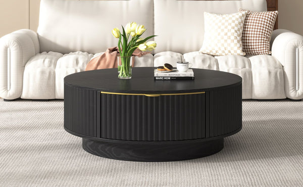 English Elm Vibe Haus Round Fluted Coffee Table with Concealed Drawers Gold Handles Living Room Black N893S000022B