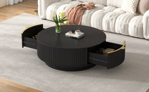 English Elm Vibe Haus Round Fluted Coffee Table with Concealed Drawers Gold Handles Living Room Black N893S000022B