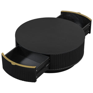 English Elm Vibe Haus Round Fluted Coffee Table with Concealed Drawers Gold Handles Living Room Black N893S000022B