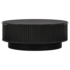 English Elm Vibe Haus Round Fluted Coffee Table with Concealed Drawers Gold Handles Living Room Black N893S000022B