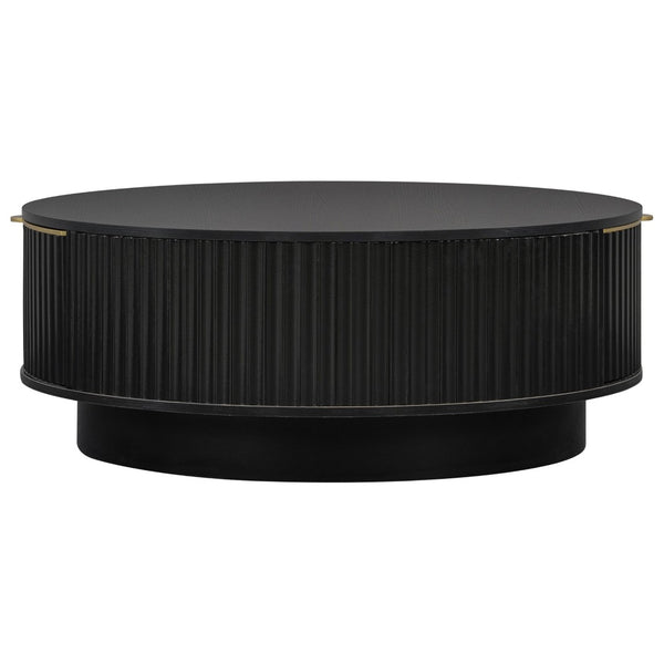 English Elm Vibe Haus Round Fluted Coffee Table with Concealed Drawers Gold Handles Living Room Black N893S000022B