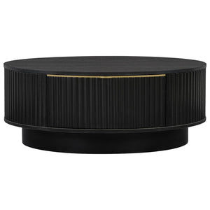 English Elm Vibe Haus Round Fluted Coffee Table with Concealed Drawers Gold Handles Living Room Black N893S000022B