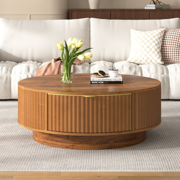 English Elm Vibe Haus Round Fluted Coffee Table with Concealed Drawers Gold Handles Living Room Brown N893S000022D