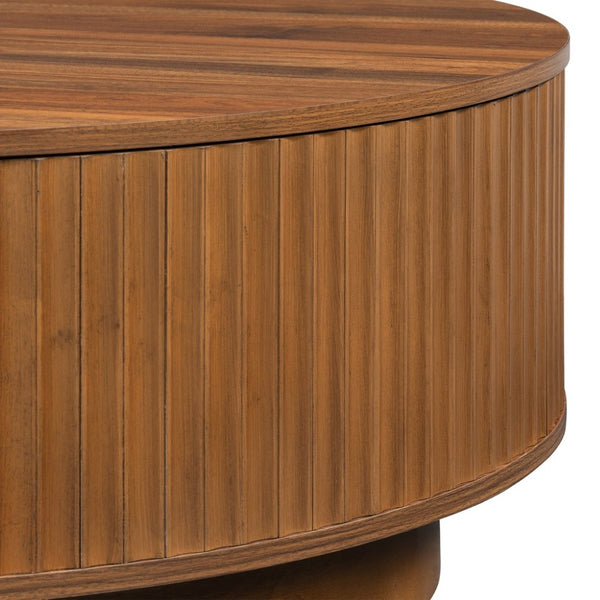 English Elm Vibe Haus Round Fluted Coffee Table with Concealed Drawers Gold Handles Living Room Brown N893S000022D