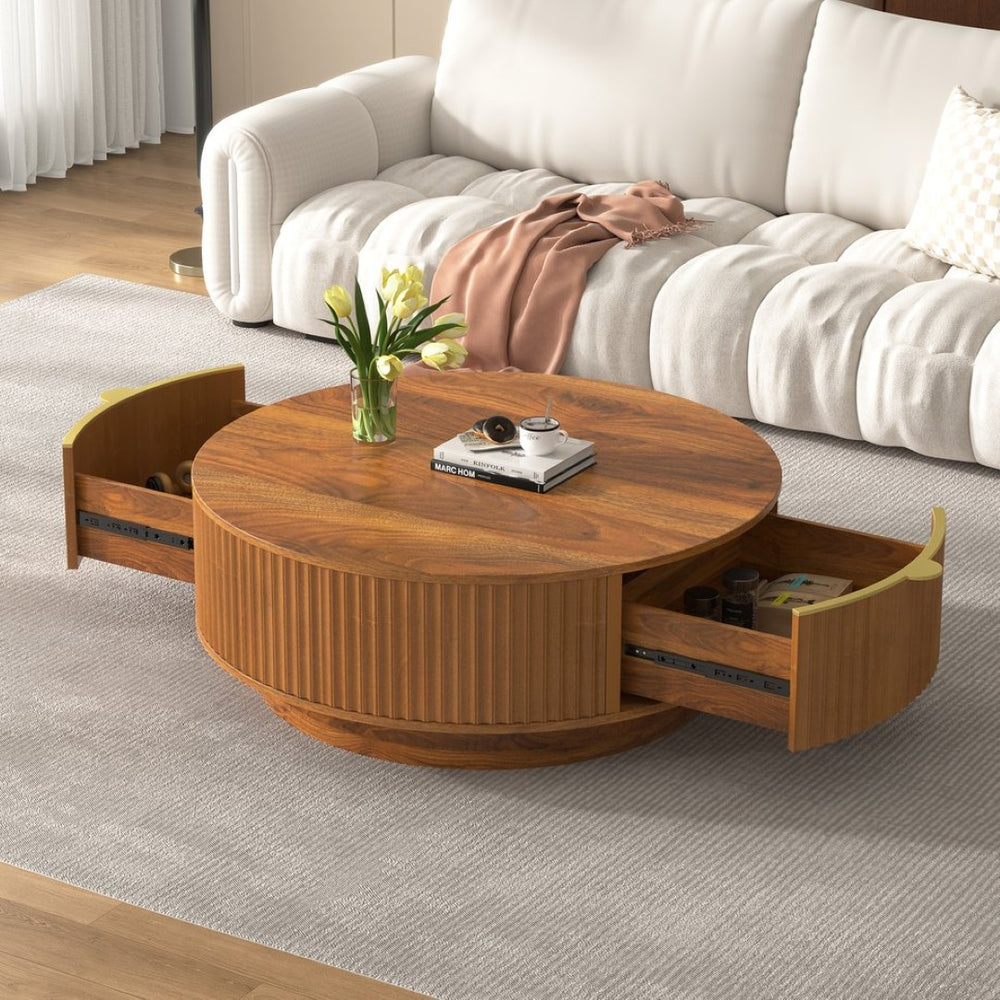 English Elm Vibe Haus Round Fluted Coffee Table with Concealed Drawers Gold Handles Living Room Brown N893S000022D