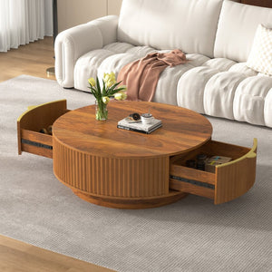English Elm Vibe Haus Round Fluted Coffee Table with Concealed Drawers Gold Handles Living Room Brown N893S000022D