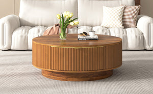 English Elm Vibe Haus Round Fluted Coffee Table with Concealed Drawers Gold Handles Living Room Brown N893S000022D