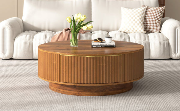 English Elm Vibe Haus Round Fluted Coffee Table with Concealed Drawers Gold Handles Living Room Brown N893S000022D