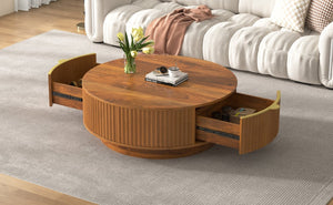 English Elm Vibe Haus Round Fluted Coffee Table with Concealed Drawers Gold Handles Living Room Brown N893S000022D