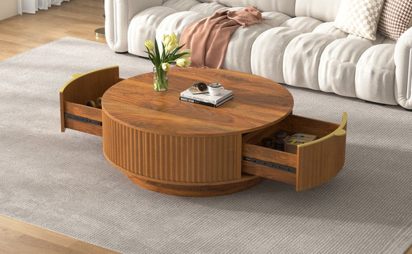 English Elm Vibe Haus Round Fluted Coffee Table with Concealed Drawers Gold Handles Living Room Brown N893S000022D