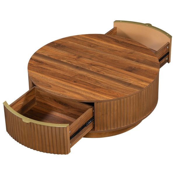 English Elm Vibe Haus Round Fluted Coffee Table with Concealed Drawers Gold Handles Living Room Brown N893S000022D