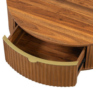 English Elm Vibe Haus Round Fluted Coffee Table with Concealed Drawers Gold Handles Living Room Brown N893S000022D