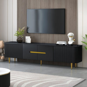 English Elm Vibe Haus Low Profile Media Console with Four Cabinets and Golden Legs for Living Room Black N893S000023B