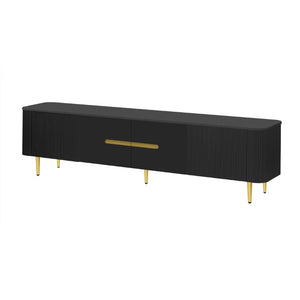 English Elm Vibe Haus Low Profile Media Console with Four Cabinets and Golden Legs for Living Room Black N893S000023B