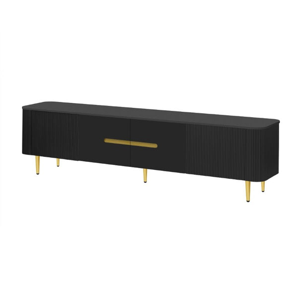 English Elm Vibe Haus Low Profile Media Console with Four Cabinets and Golden Legs for Living Room Black N893S000023B