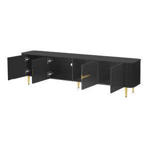 English Elm Vibe Haus Low Profile Media Console with Four Cabinets and Golden Legs for Living Room Black N893S000023B