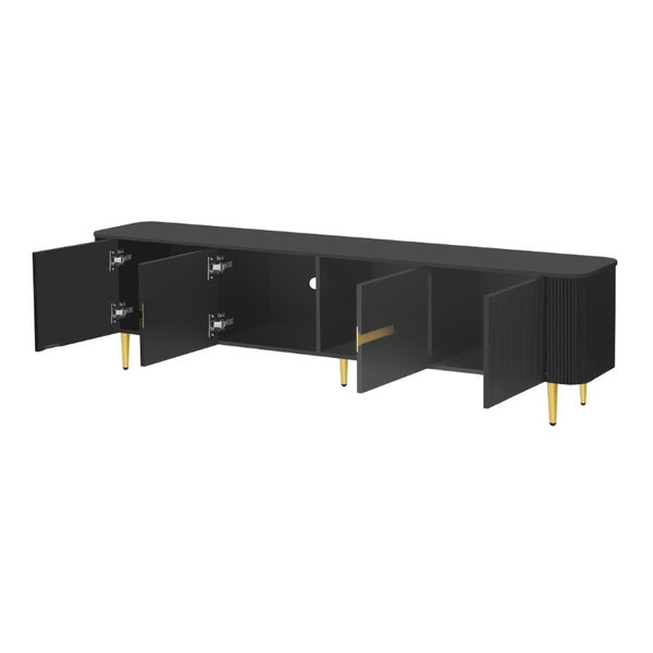English Elm Vibe Haus Low Profile Media Console with Four Cabinets and Golden Legs for Living Room Black N893S000023B