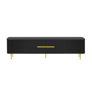 English Elm Vibe Haus Low Profile Media Console with Four Cabinets and Golden Legs for Living Room Black N893S000023B