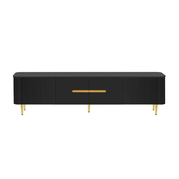 English Elm Vibe Haus Low Profile Media Console with Four Cabinets and Golden Legs for Living Room Black N893S000023B