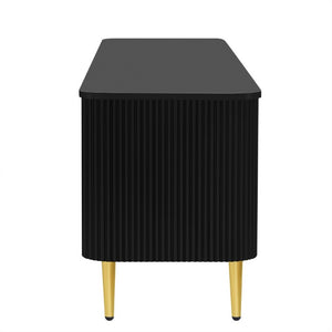English Elm Vibe Haus Low Profile Media Console with Four Cabinets and Golden Legs for Living Room Black N893S000023B