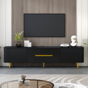 English Elm Vibe Haus Low Profile Media Console with Four Cabinets and Golden Legs for Living Room Black N893S000023B